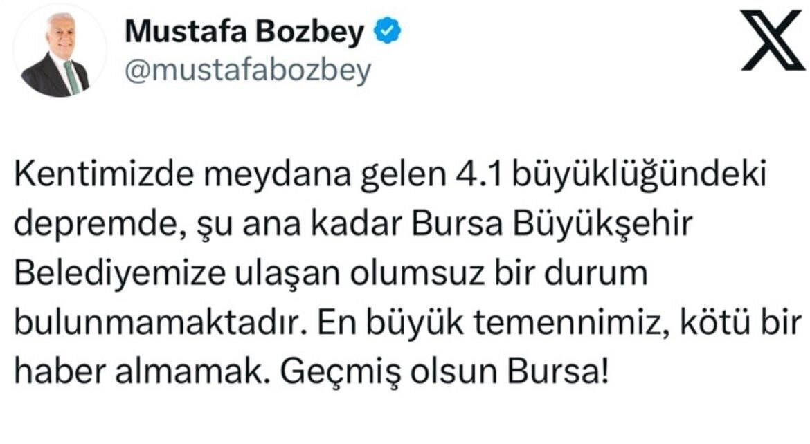 Bursa Büyükşehir Belediye Başkanı Mustafa Bozbey, Nilüfer ilçesindeki 4.0 büyüklüğündeki