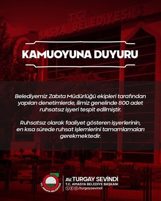 Amasya’da gerçekleştirilen denetimlerde 800 ruhsatsız işyeri belirlendi Amasya'da gerçekleştirilen denetimlerde 800 ruhsatsız işyeri belirlendi. Belediye Başkanı Turgay