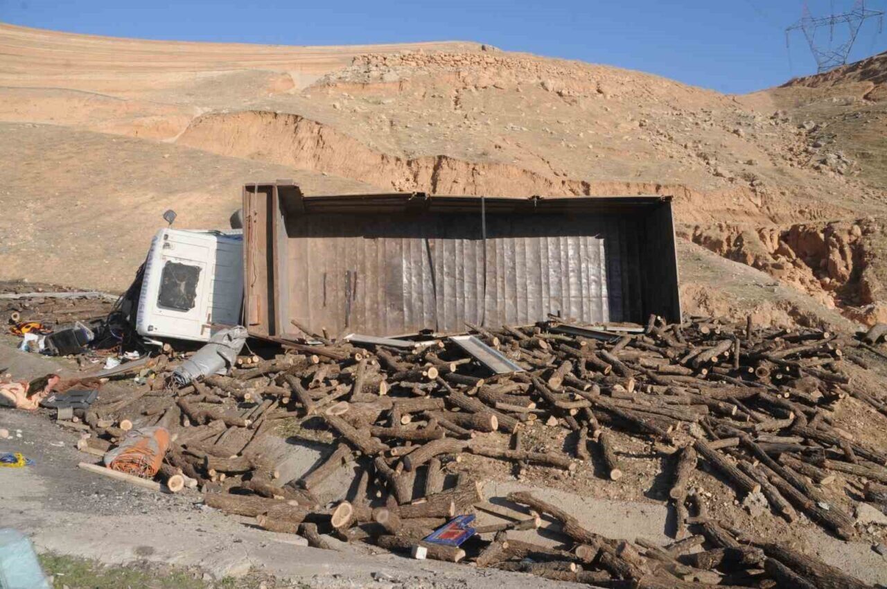 Cizre'de freni boşalan odun yüklü kamyon şarampole devrildi. Sürücü Mehmet