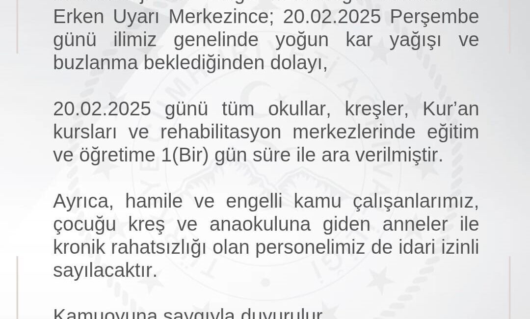 Ağrı’da Yoğun Kar Yağışı Nedeniyle Eğitim-Öğretime Ara Verildi Meteoroloji 16. Bölge Müdürlüğü, 20 Şubat 2025 tarihinde Ağrı'da beklenen
