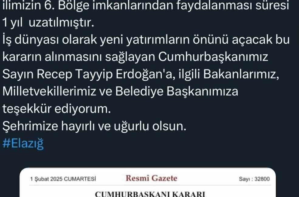 Elazığ’da 6. Bölge Teşvikleri Bir Yıl Daha Uzatıldı Elazığ Ticaret ve Sanayi Odası Başkanı İdris Alan, Cumhurbaşkanı Recep