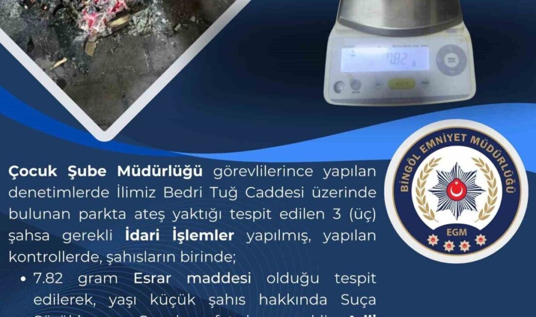 Bingöl’de Parkta Yapılan Kontrollerde Esrar Ele Geçirildi, Küçük Şahıs Hakkında İşlem Yapıldı Bingöl'de polis, Bedri Tuğ Caddesi'ndeki bir parkta ateş yakan 3