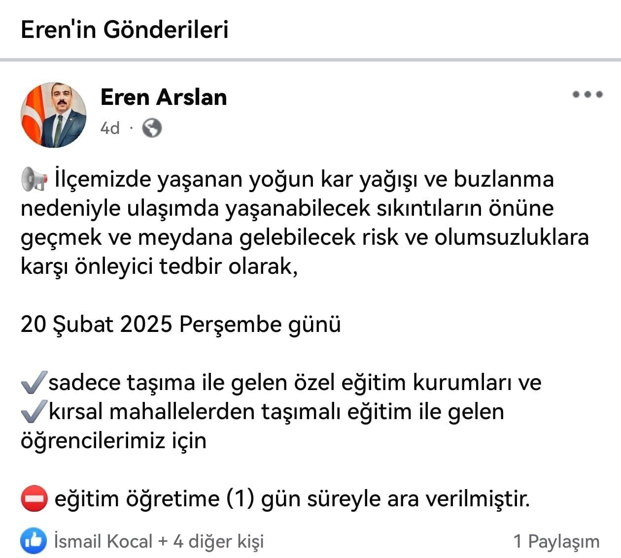 Bursa'nın İnegöl ilçesinde yoğun kar nedeniyle eğitime 20 Şubat 2025