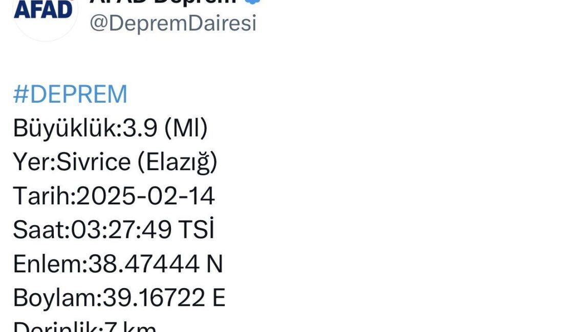 Elazığ’ın Sivrice ilçesinde 3.9 büyüklüğünde deprem kaydedildi Elazığ'ın Sivrice ilçesinde saat 03:27'de 3.9 büyüklüğünde bir deprem kaydedildi.