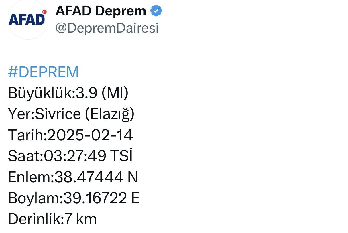 Elazığ'ın Sivrice ilçesinde saat 03:27'de 3.9 büyüklüğünde bir deprem kaydedildi.