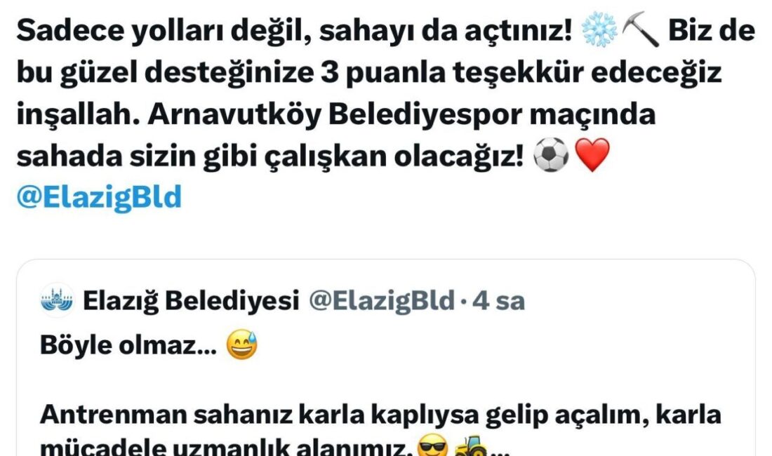 Elazığspor ve Elazığ Belediyesi’nin Sosyal Medya Üzerinden Eğlenceli Etkileşimi Dikkat Çekti Elazığspor kalecisi Muammer Yıldırım, kar yağışı sonrası Harput türküsünü seslendirirken,