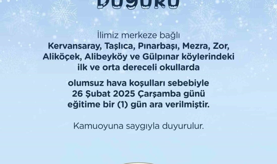 Iğdır’da Kar Yağışı Nedeniyle Bazı Köylerde Eğitime 1 Gün Ara Verildi Iğdır'da etkili olan kar yağışı nedeniyle Kervansaray, Taşlıca, Pınarbaşı, Mezra,