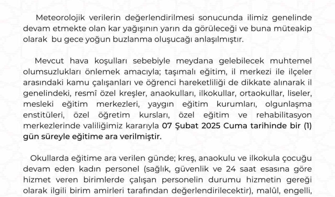 Kayseri’de Hava Koşulları Nedeniyle 7 Şubat’ta Eğitime Ara Verildi Kayseri'de 7 Şubat 2025 Cuma günü eğitime bir gün süreyle