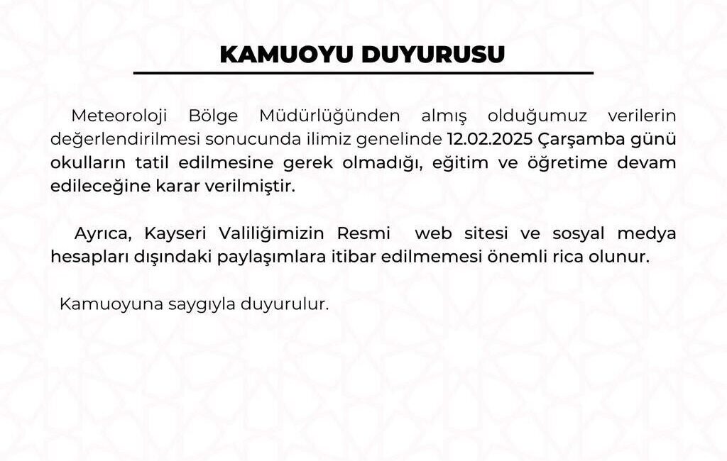 Kayseri Valiliği, kar yağışına rağmen yarın eğitim etkinliklerinin devam edeceğini açıkladı. Kayseri Valiliği, 12 Şubat 2025 tarihinde kar yağışına rağmen okulların