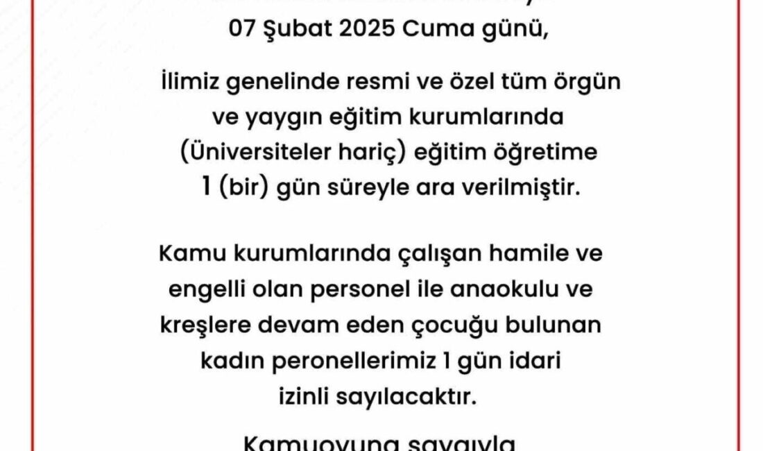 Sakarya’da Kar Yağışı Nedeniyle Okul Tatili Süresi Bir Gün Daha Uzatıldı Sakarya'da beklenen yoğun kar yağışı nedeniyle eğitim, 7 Şubat 2025'te