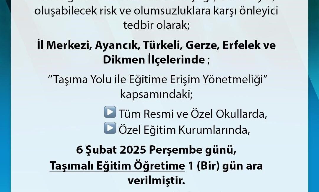 Sinop’ta yoğun kar yağışı nedeniyle taşımalı eğitime 1 gün ara verildi Sinop Valiliği, 6 Şubat 2025 tarihinde, kar yağışı nedeniyle il
