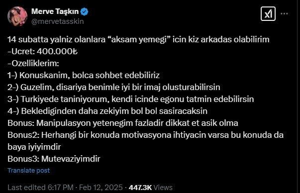 Merve Taşkın, 14 Şubat Paylaşımı Nedeniyle Gözaltına Alındı Sosyal medya fenomeni Merve Taşkın, 14 Şubat'ta yaptığı "akşam yemeği"