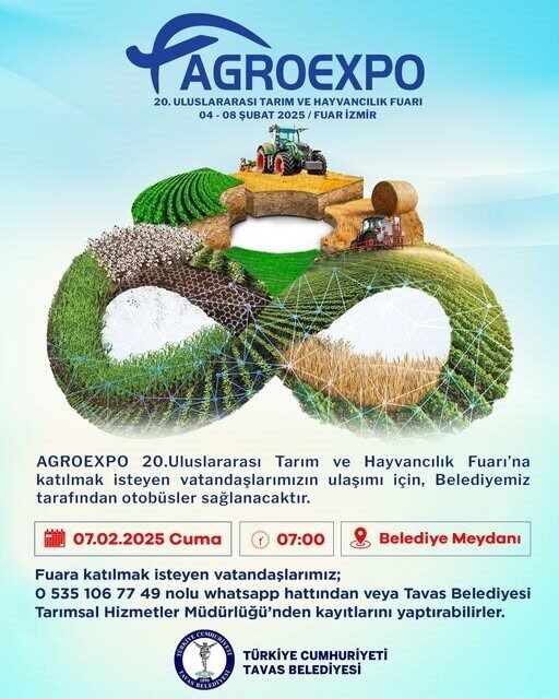 Tavas Belediyesi, Agroexpo Fuarı İçin Ücretsiz Otobüs Seferleri Düzenliyor Tavas Belediyesi, 04-08 Şubat 2025 tarihlerinde İzmir'deki Agroexpo 20. Uluslararası