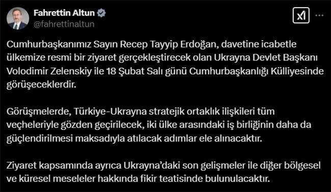 Cumhurbaşkanlığı İletişim Başkanı Fahrettin Altun, Ukrayna Devlet Başkanı Volodimir Zelenskiy’nin