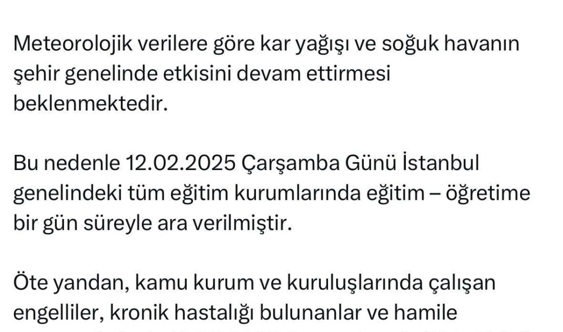 İstanbul Valisi Davut Gül, 12 Şubat 2025'te kar yağışı ve