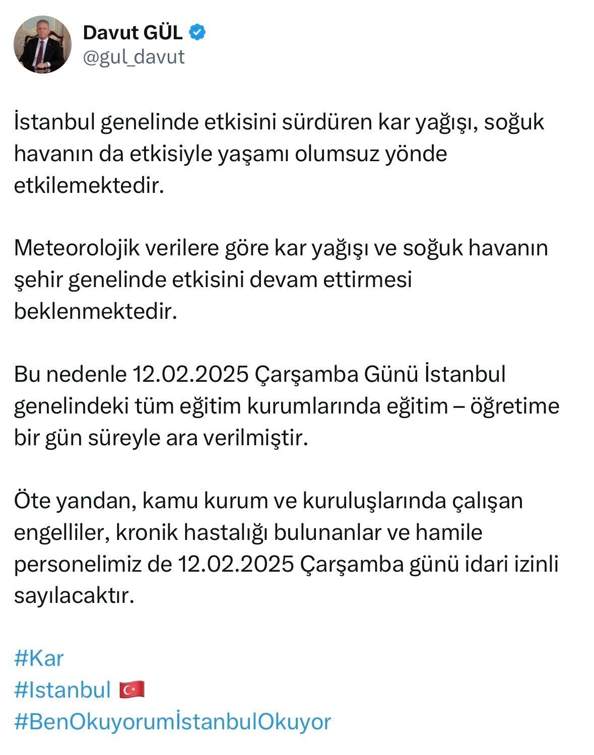 İstanbul Valisi Davut Gül, 12 Şubat 2025'te kar yağışı ve
