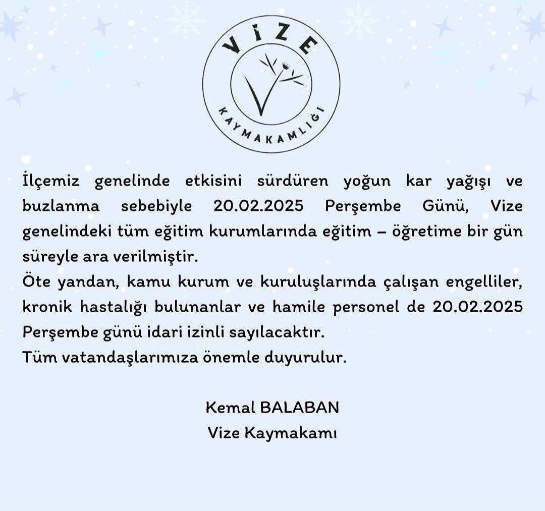 Kırklareli'nin Vize ilçesinde yoğun kar yağışı nedeniyle 20 Şubat 2025