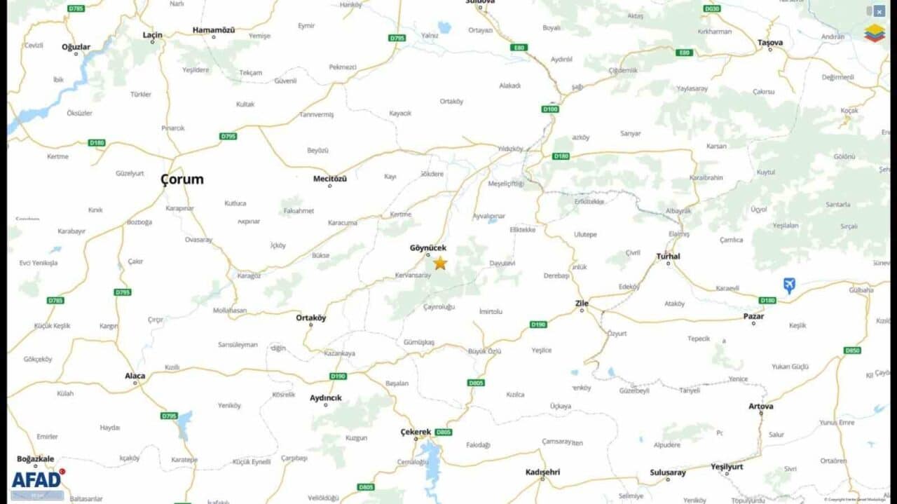 Amasya'nın Göynücek ilçesinde 21 Mart 2025'te saat 22.53'te 3.1 büyüklüğünde