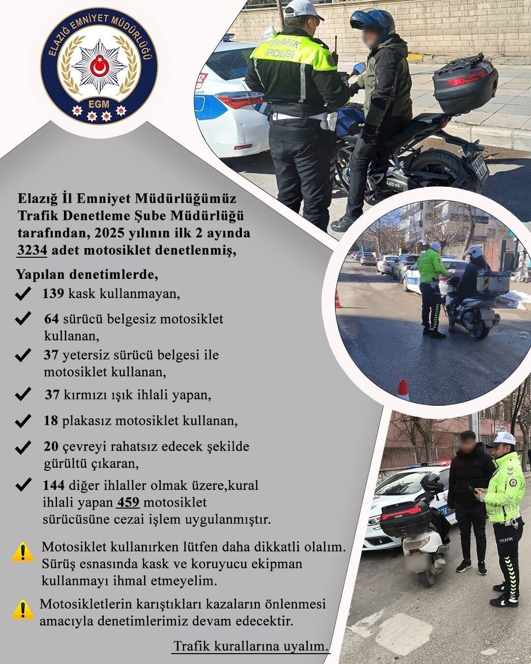 Elazığ'da Trafik Denetleme Şube Müdürlüğü, yılın ilk iki ayında 3