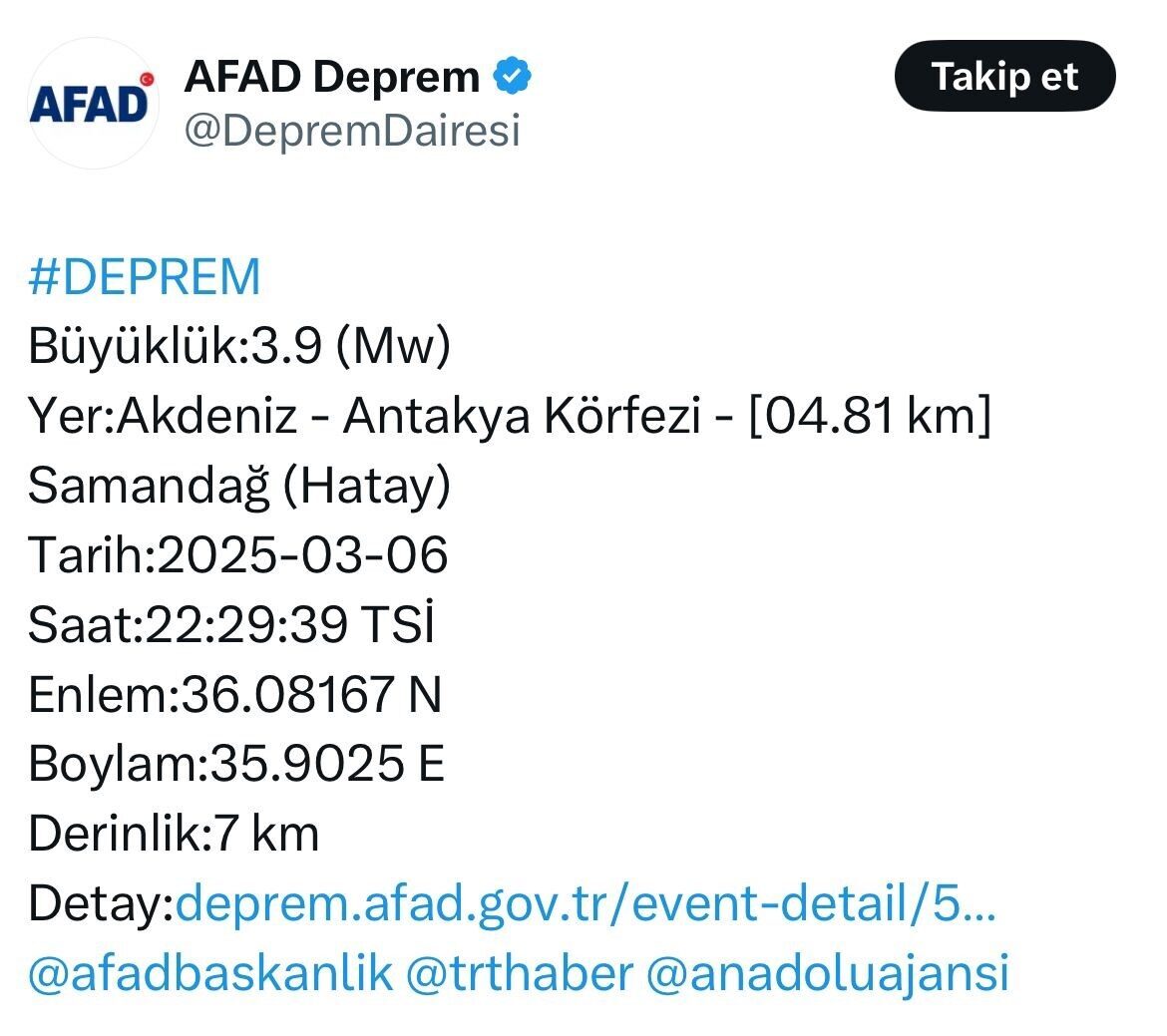 Hatay'da, Akdeniz açıklarında saat 22.29'da meydana gelen 3.9 büyüklüğündeki deprem,
