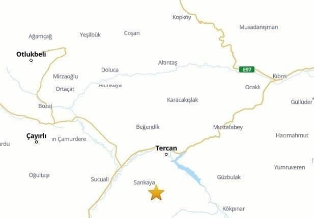 Erzincan’ın Tercan ilçesinde 20 Mart 2025'te saat 21.33'te 4.2 büyüklüğünde
