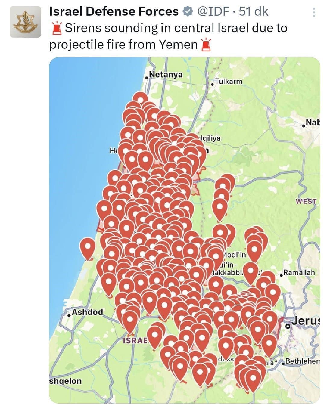 İsrail ordusu, Yemen'den fırlatılan bir füzenin düşürülmesinin ardından merkez bölgelerde