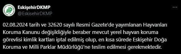 Eskişehir’de Hayvan Koruma Görevlisi Kimlik Kartları İptal Edildi Eskişehir Doğa Koruma ve Milli Parklar Müdürlüğü, 02 Ağustos 2024