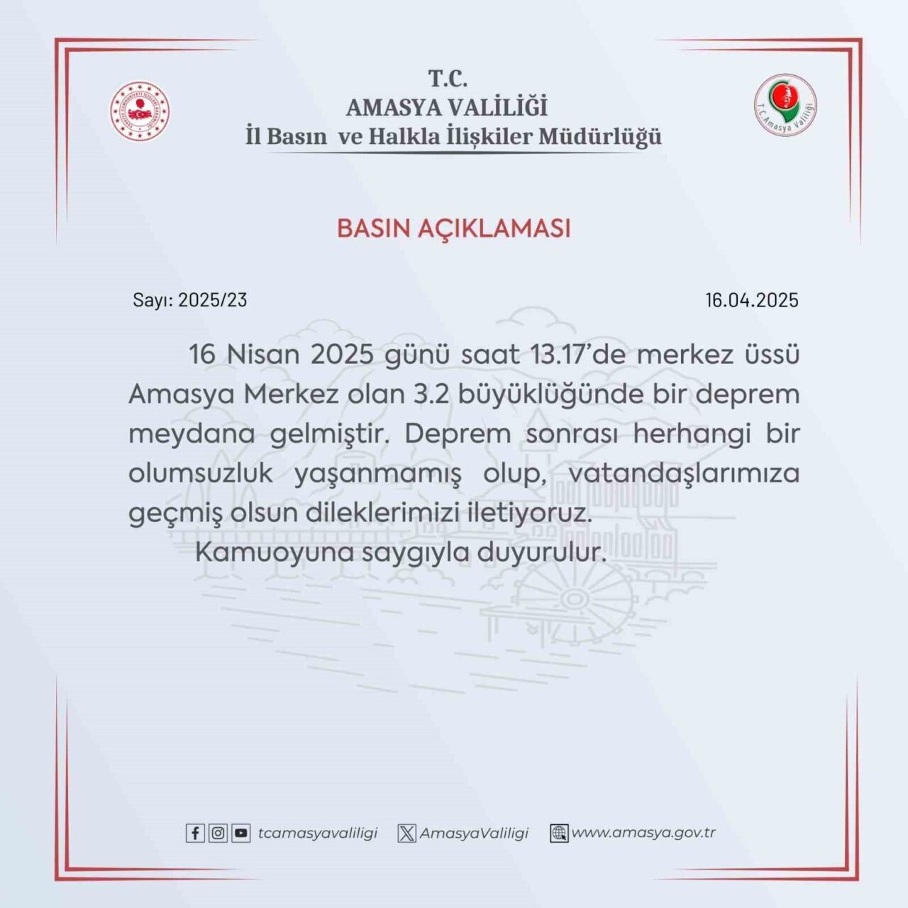 Amasya Valiliği, 16 Nisan 2025'te merkez üssü Amasya Merkez olan