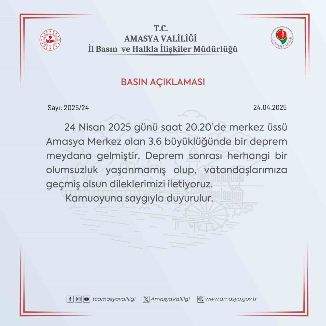 Amasya Valiliği, AFAD tarafından bildirilen 3.6 büyüklüğündeki depremin ardından yaptığı