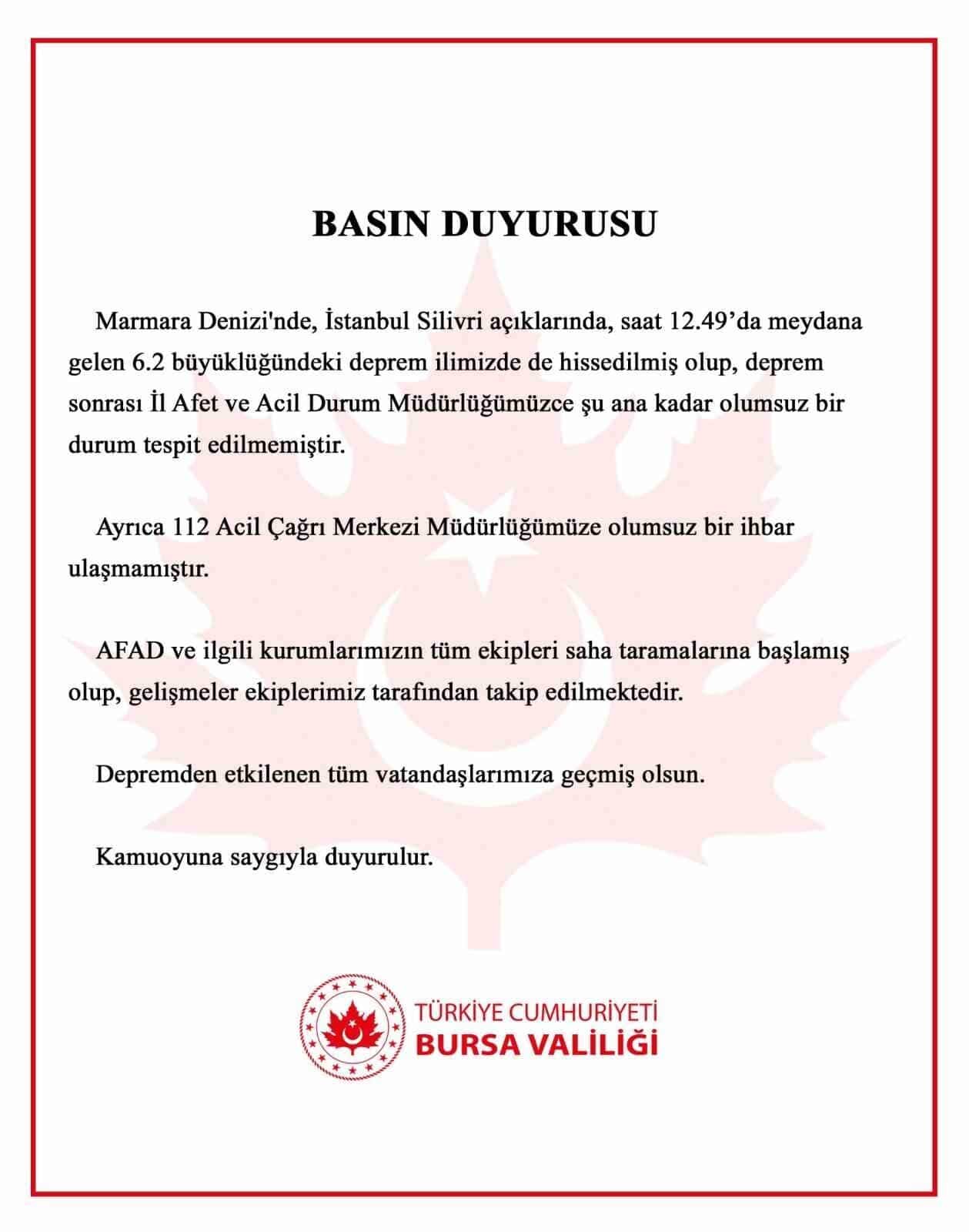 Marmara Denizi'nde meydana gelen 6.2 büyüklüğündeki deprem, Bursa'da da hissedildi.