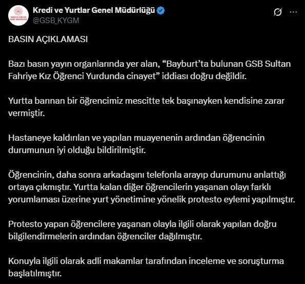 KYK, Bayburt’taki yurt iddialarını reddetti, olayın gerçekte ne olduğu açıklandı. Kredi ve Yurtlar Genel Müdürlüğü, Bayburt'taki GSB Sultan Fahriye Kız