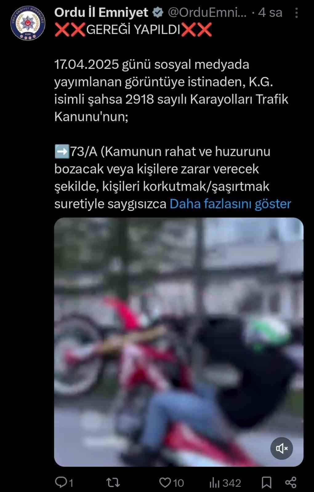 Ordu'nun Altınordu ilçesinde 17 Nisan'da tehlikeli motosiklet kullanarak trafiği tehlikeye