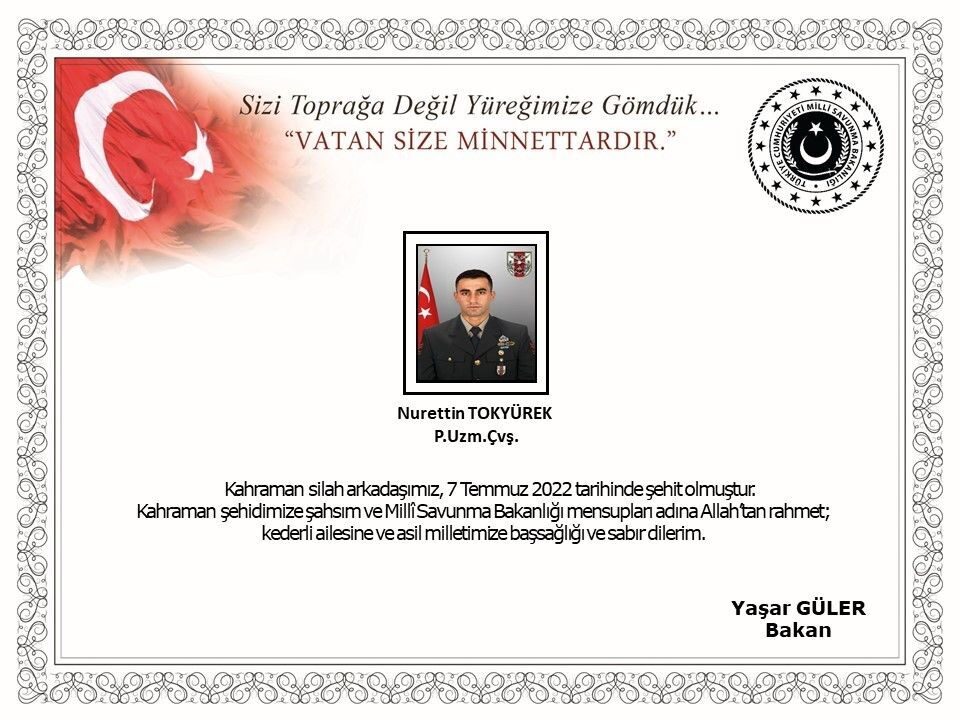 Milli Savunma Bakanlığı, 7 Temmuz 2022'de Pençe-Kilit operasyonunda şehit olan