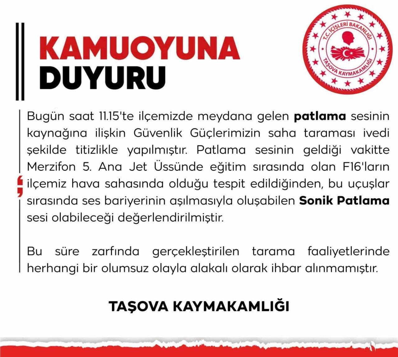 Amasya'nın Taşova ilçesinde duyulan yüksek ses, F16 uçaklarının eğitim sırasında