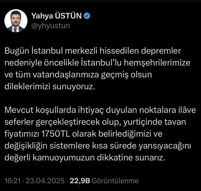 İstanbul'daki depremin ardından, Türk Hava Yolları (THY) ek seferler düzenleyecek.