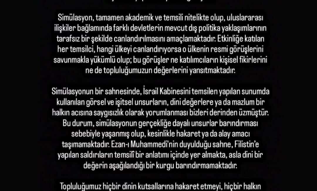 Bursa Uludağ Üniversitesi, Ezan ve Filistin ile ilgili tepkilere yanıt verdi. Bursa Uludağ Üniversitesi, Hukuk Fakültesi Temyiz Topluluğu'nun düzenlediği Diplomasi Simülasyonu'ndaki