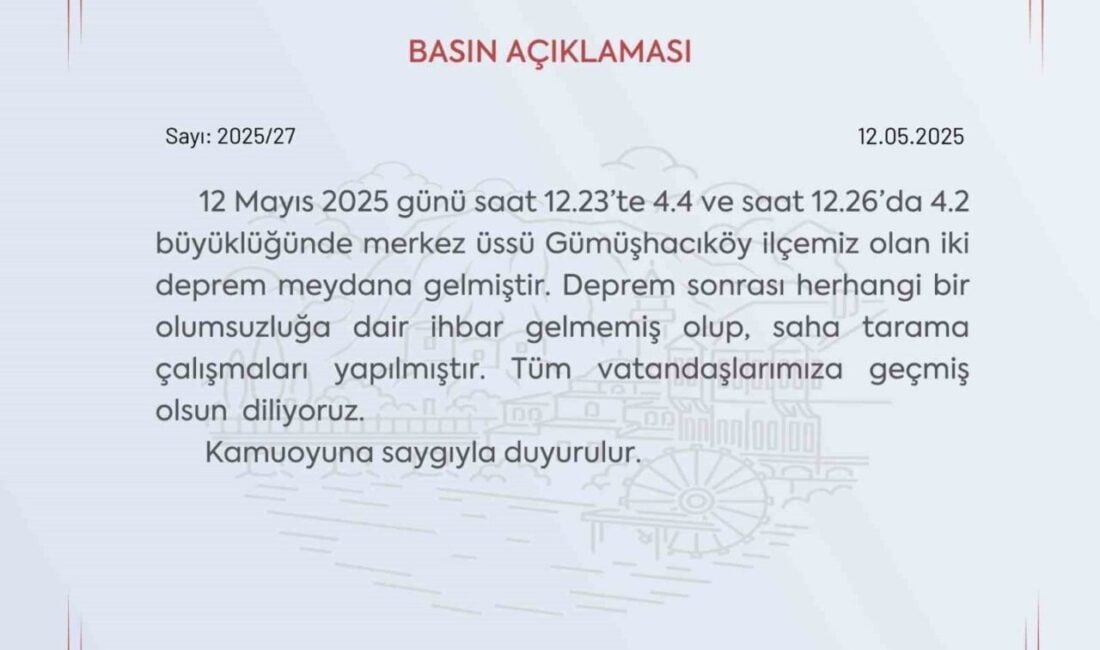 Amasya'da 12 Mayıs 2025'te Gümüşhacıköy merkezli 4.4 ve 4.2 büyüklüğünde