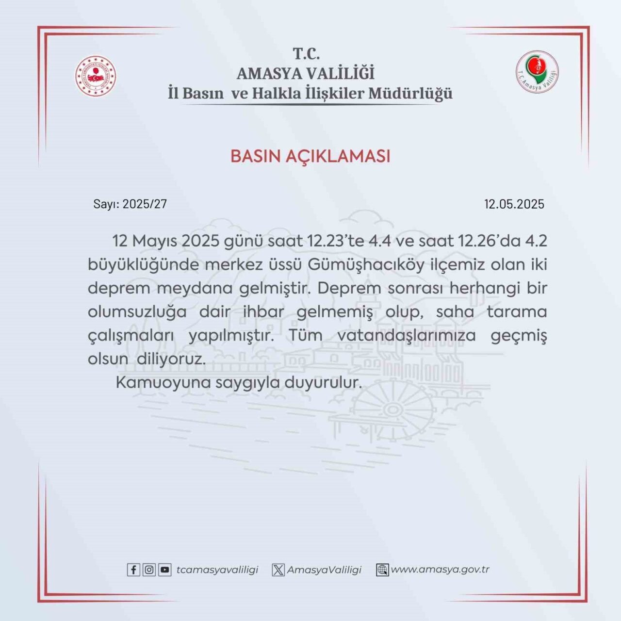 Amasya'da 12 Mayıs 2025'te Gümüşhacıköy merkezli 4.4 ve 4.2 büyüklüğünde