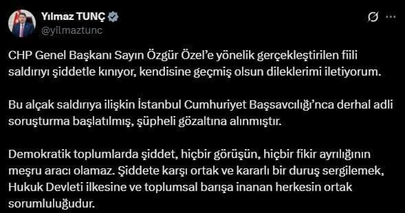 Adalet Bakanı Yılmaz Tunç, CHP Başkanı Özgür Özel’e yapılan saldırıyı sert bir dille kınadı ve geçmiş olsun dileklerini iletti. Adalet Bakanı Yılmaz Tunç, CHP Genel Başkanı Özgür Özel’e yönelik