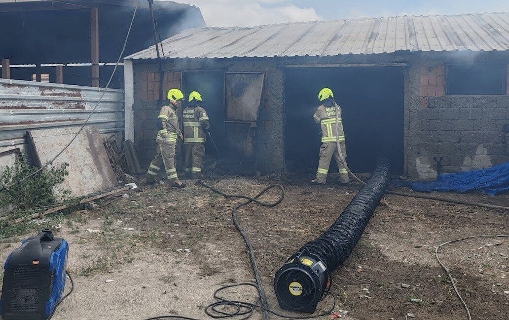 Balıkesir'in Manyas ilçesindeki Kocagöl Mahallesi'nde bir ahırda çıkan yangında 30