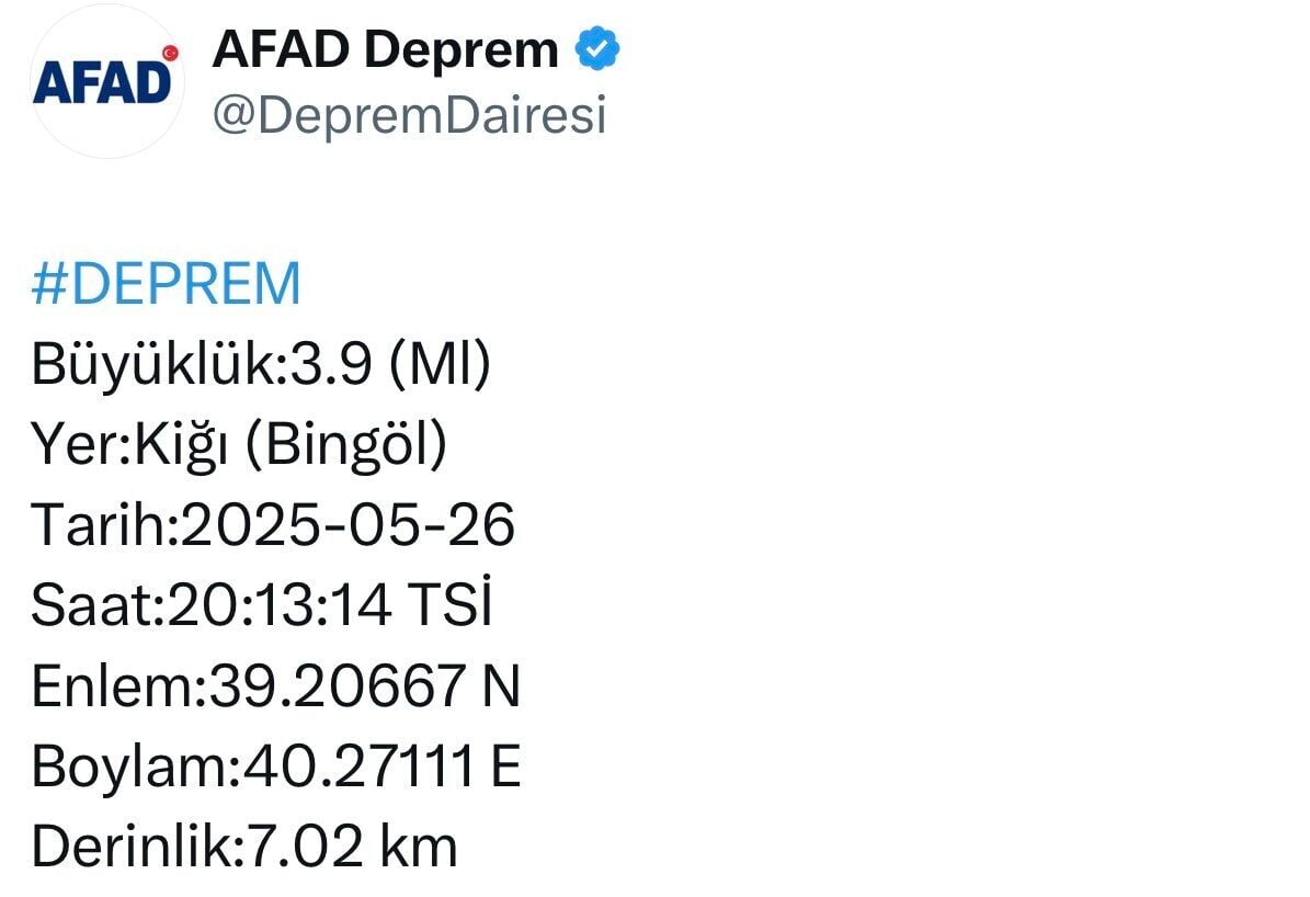 Bingöl'ün Kiğı ilçesinde 3.9 büyüklüğünde bir deprem meydana geldi. Afet