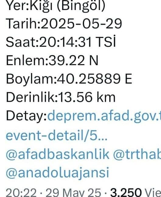 Bingöl’ün Kiğı ilçesinde saat 20:14’te 4,3 büyüklüğünde bir deprem yaşandı.
