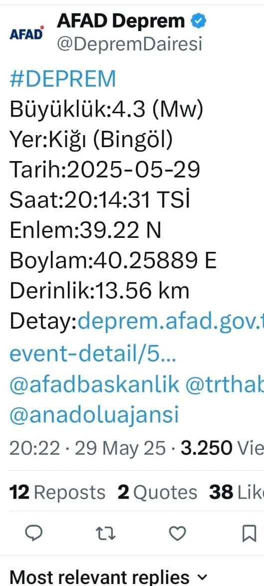Bingöl’ün Kiğı ilçesinde saat 20:14’te 4,3 büyüklüğünde bir deprem yaşandı.