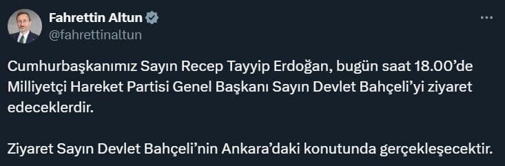 Cumhurbaşkanı Erdoğan, MHP Lideri Bahçeli’yi Ziyaret İçin Ankara’ya Gidiyor İletişim Başkanı Fahrettin Altun, Cumhurbaşkanı Recep Tayyip Erdoğan'ın Milliyetçi Hareket