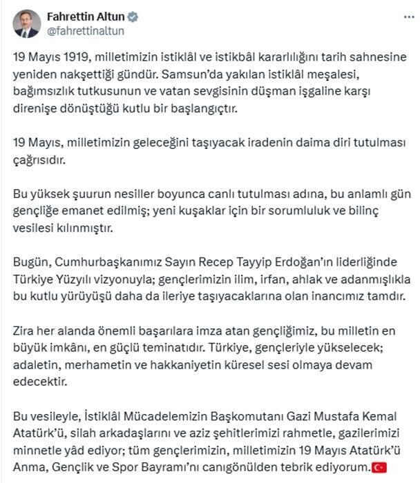 Cumhurbaşkanlığı İletişim Başkanı Fahrettin Altun, 19 Mayıs Atatürk’ü Anma, Gençlik