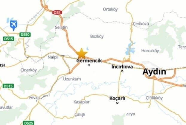 Aydın'ın Germencik ilçesinde saat 15.58'de 3.8 büyüklüğünde bir deprem meydana