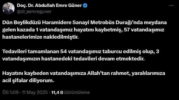 Beylikdüzü’nde Metrobüs Kazası: 1 Ölü, 57 Yaralı İstanbul İl Sağlık Müdürü Doç. Dr. Abdullah Emre Güner, Beylikdüzü'nde