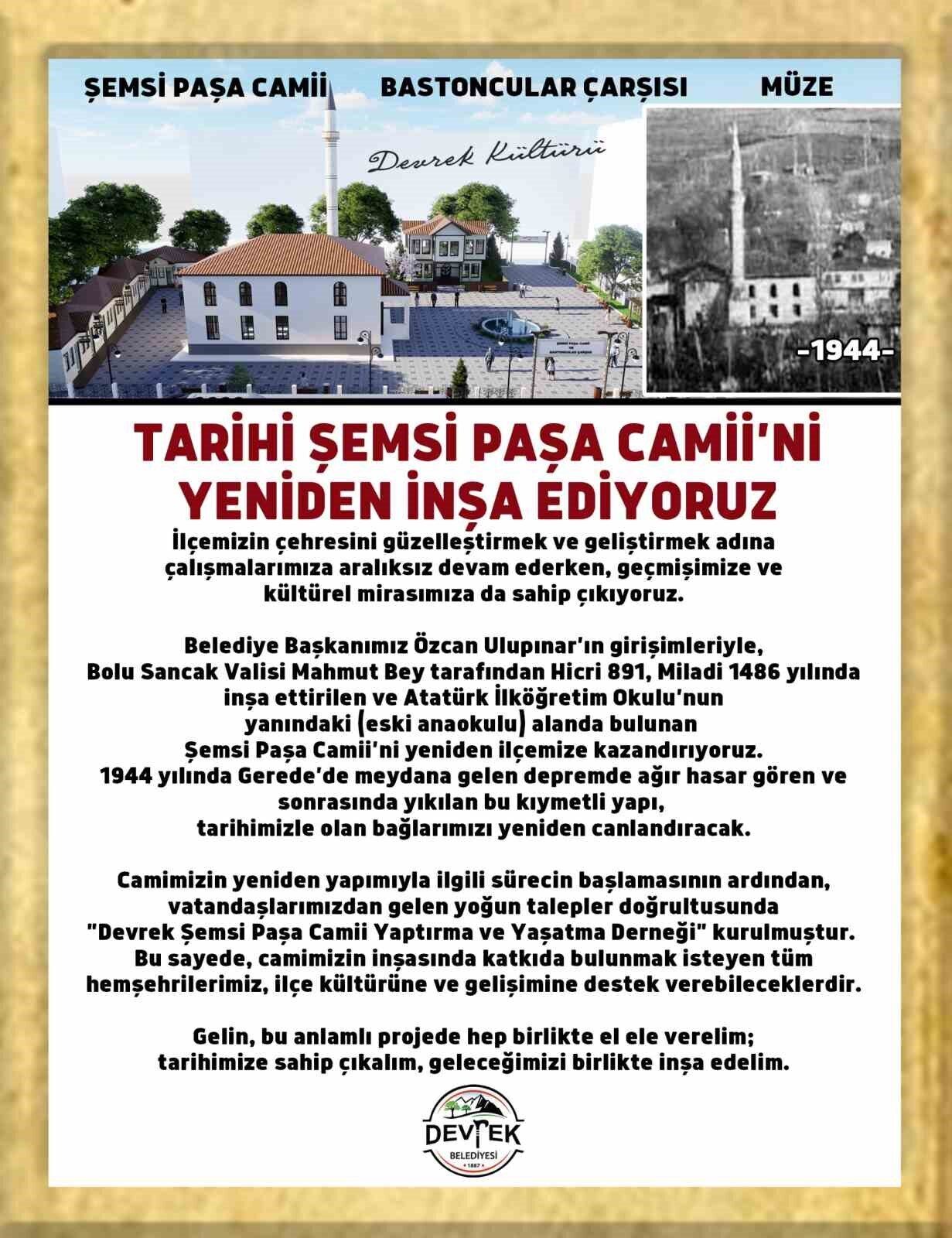 Devrek'te, 1944'te yıkılan Şemsi Paşa Camii, aslına uygun olarak yeniden