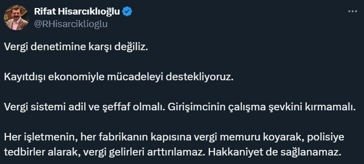 TOBB Başkanı Hisarcıklıoğlu: “Adil ve Şeffaf Vergi Sistemi Girişimcinin Motivasyonunu Olumsuz Etkilememeli” Türkiye Odalar ve Borsalar Birliği Başkanı Rifat Hisarcıklıoğlu, sosyal medyada