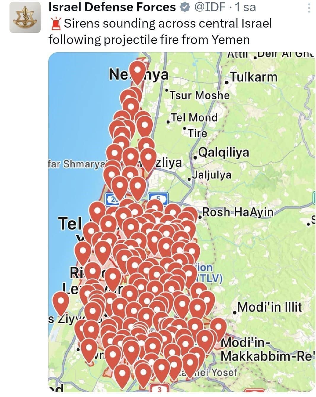 İsrail ordusu, Yemen'den fırlatılan bir füzenin ülke genelinde sirenlerin çalmasına